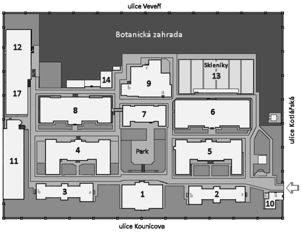 LÁNEK AREÁLU ŘÍRODOVĚDECKÉ FAKULTY MASARYKOVY UNIVERZITY, BRNO, KOTLÁŘSKÁ 2 Budova 1 Děkanát řírodovědecké fakulty Budova 2 Ústav antropologie Budova 3 Ústav geologických věd Budova 4 Geografický