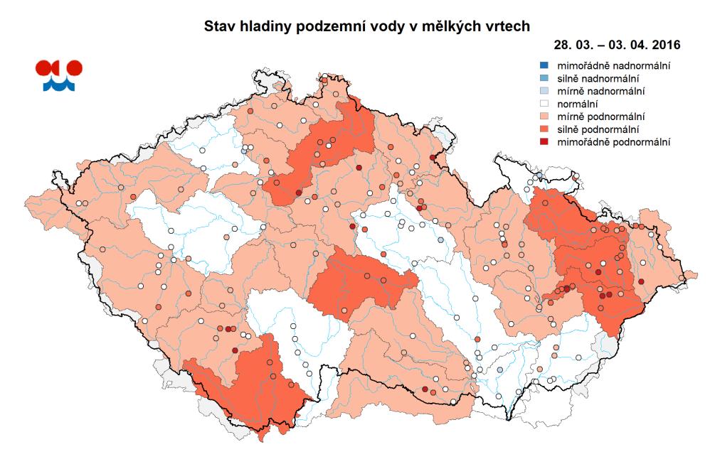 Mapa ukazuje stav podzemní vody ve sledovaných vrtech a oblastech povodí dle pravděpodobnosti překročení úrovně hladin v daném týdnu v referenčním období 1981 2010 (viz text).