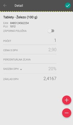 Strana 37 / 107 Potvrdením obrazovky Detail tlačidlom sa zobrazí opäť obrazovka Dlaždice s upraveným Počtom, resp. doplnenou Cenou, pri editovanej položke.