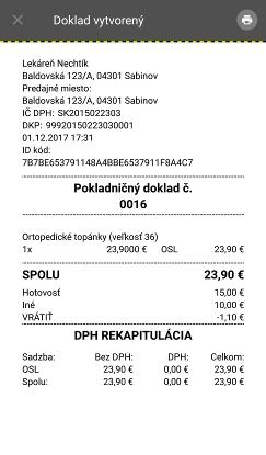 Strana 66 / 107 Obrázok 49: Doklad vytvorený Rozpis platidiel 3.9.11 Použitie mobilného POS terminálu pri platbe kartou Použitie mobilného POS terminálu je možné pri tvorbe pokladničných dokladov typu 3.