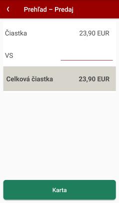 Strana 68 / 107 10. Podnikateľ klikne na tlačidlo Karta v aplikácii AEVI POS Lite (viď. Obrázok 51). Obrázok 51: Obrazovka Prehľad Predaj 11.