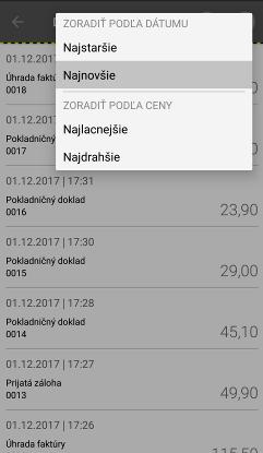 Strana 72 / 107 Obrázok 55: Vyhľadávanie a zoraďovanie dokladov Zatvoriť okná popísané vyššie bez vykonania zmien je možné stlačením hardvérového tlačidla Späť, resp.
