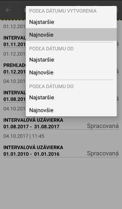 - Kliknutím na tlačidlo sa zobrazí okno s možnosťami pre zoradenie uzávierok.