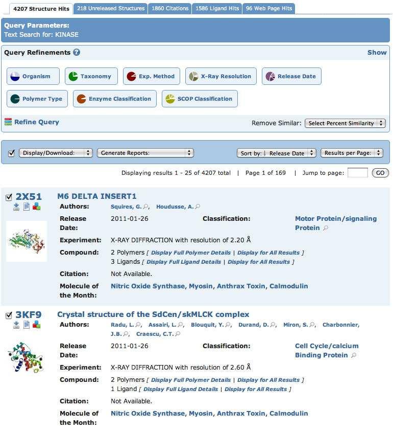 Results Browser Nahoře: unreleased entries, citations, ligands web pages.