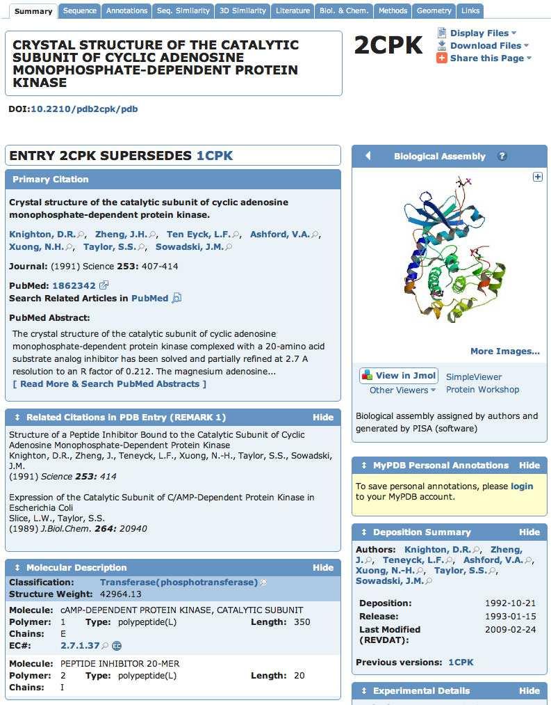 Structure Summary Tabs další odkazy na: Sequence (+ secondarystructure annotations); Annotations (external data from SCOP, CATH, GO, Pfam, Structural Biology Knowledgebase); Seq.