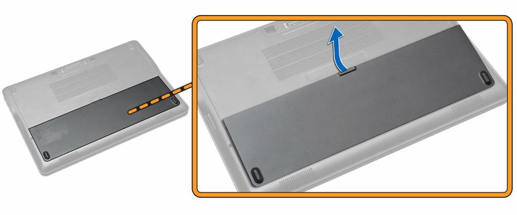 Vložení baterie 1. Umístěte baterii do slotu, aby zapadla na místo. 2. Postupujte podle pokynů v části Po manipulaci uvnitř počítače. Sejmutí spodního krytu 1.