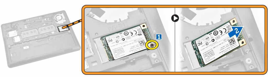 Demontáž karty msata SSD 1. Postupujte podle pokynů v části Před manipulací uvnitř počítače. 2. Demontujte následující součásti: a. baterie b.