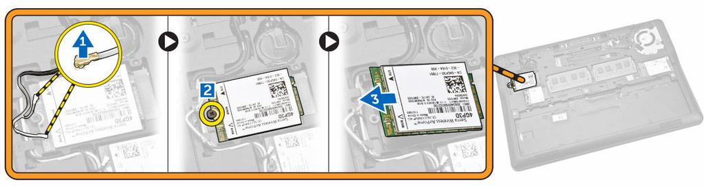 Montáž karty msata SSD 1. Umístěte kartu msata SSD do příslušného slotu. 2. Utažením šroubu připevněte kartu msata SSD k počítači. 3. Namontujte tyto součásti: a. spodní kryt b. baterie 4.