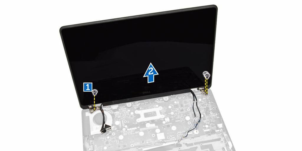 Instalace sestavy displeje 1. Protáhněte kabely WWAN, WLAN a sestavy displeje příslušnými vodicími drážkami na šasi základny a připojte je ke konektorům. 2. Položte sestavu displeje na konektory. 3.