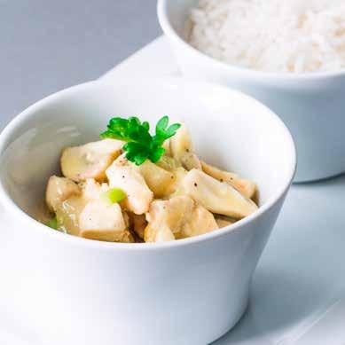 Gluten free Glutenfrei kuřecí nudličky s pórkem, cibulkou a žampiony na kari madras, jasmínová rýže EN Chicken strips with leek, onions and mushrooms