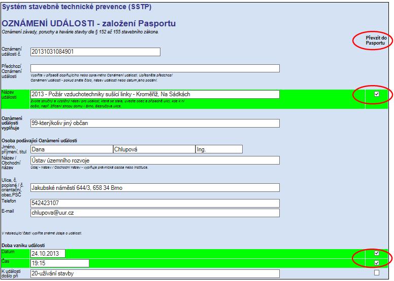 Z nového Oznámení události zvolte zaškrtnutím údaje, které chcete do Pasportu události převzít, poté se vybrané položky vyznačí jinou barvou.