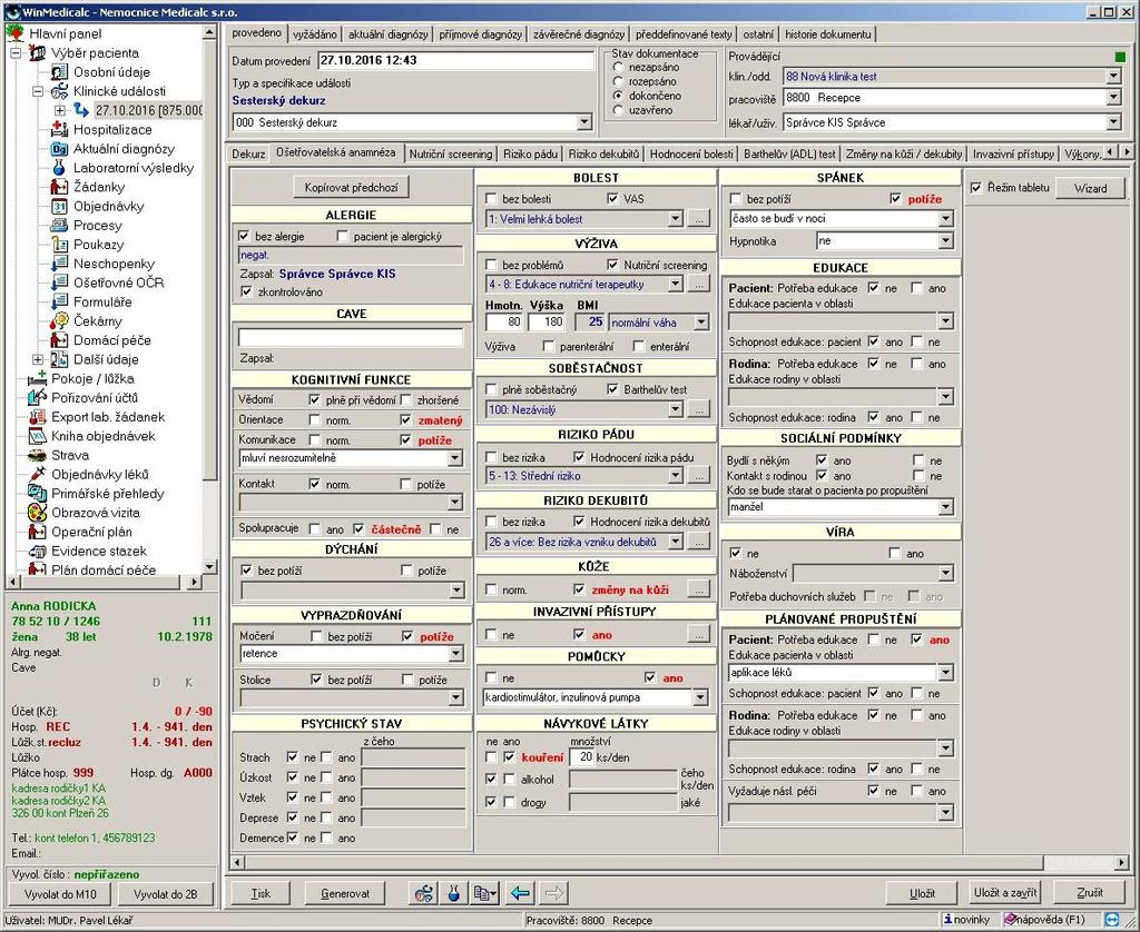 Náhled na ošetřovatelskou dokumentaci v programu WinMedicalc Hodnotí se všechny důležité oblasti pro určení ošetřovatelského problému Data pro registr dekubitů jsou zpracována z