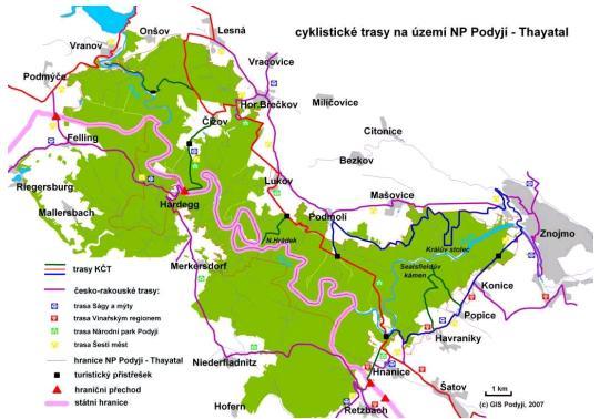 Obrázek 1: Mapa cyklistických tras na území NP Podyjí Zdroj: http://www.