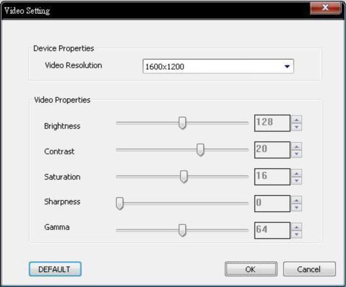 Nastavení (ikona CONFIG): Video Resolu on Rozlišení videoklipu Brightness Jas Contrast kontrast Satura on Sytost barev Sharpness Ostrost Gamma gamma korekce File Size Velikost souboru Uložit jako