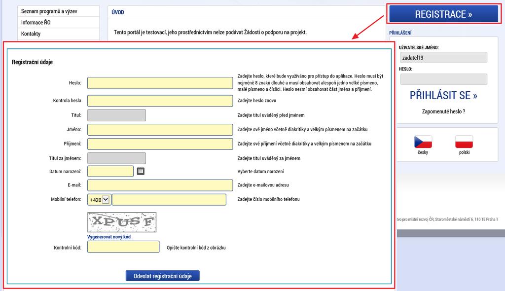 1. Registrace do portálu IS KP14+ Pro přístup do portálu IS KP14+ na adrese https://mseu.mssf.cz je nutné provést registraci nového uživatele přes tlačítko Registrace na úvodní obrazovce.