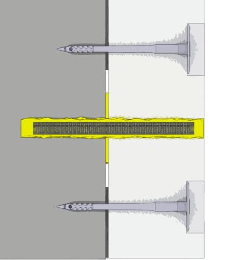 fázích. V první fázi kotvení jsou instalovány injektované kotvy Spiral Anksys. Ve většině případů jsou injektované kotvy umísťovány v ploše izolačních desek (viz.