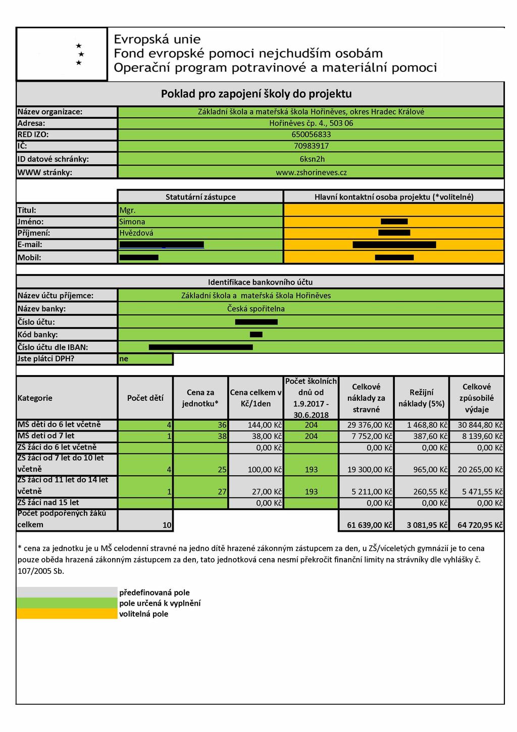Evropská unie Fond e vropské pom oci nejchudším osobám O perační program p otravinové a m ateriální pom oci Poklad pro zapojení školy do projektu Název organizace: Základní škola a mateřská škola