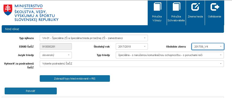 Po kliknutí na tlačidlo pre vytvorenie nového výkazu sa zobrazí obrazovka, na ktorej je možné zvoliť parametre výkazu potrebné pre jednoznačnú identifikáciu typu výkazu a pre jeho výpočet.