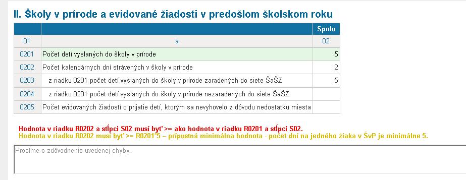 Obrázok 10 Sekcie výkazu s tabuľkami Ak používateľ klikne na tlačidlo pre kontrolu výkazu definované podmienky na integritu zadaných údajov.