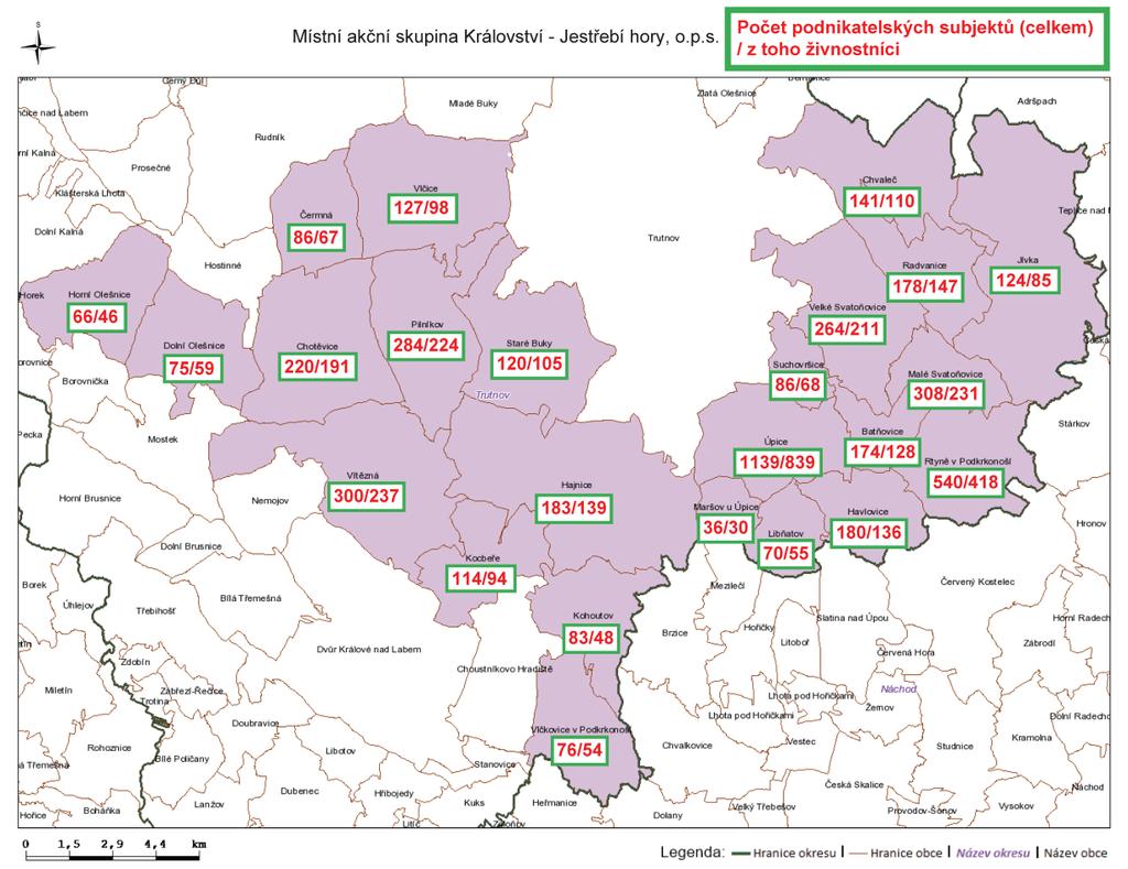 Mapa č. 3 Počet podnikatelských subjektů na území MAS (z toho živnostníci) 10 5.2 Trh práce Dle údajů Úřadu práce ČR, na jehož území se MAS KJH, o.p.s., nachází, došlo v roce 2015 k největšímu snížení míry nezaměstnanosti za posledních 10 let.