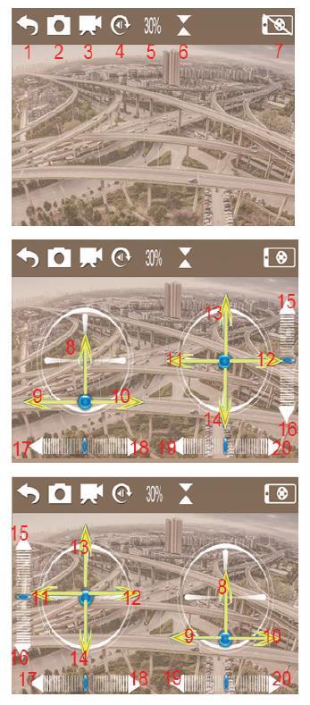 Popis aplikace Luna Drone 1. Návrat 2. Vyfotit snímek 3. Nahrát video 4. Prohlížení fotografií a videa 5. Nastavení rychlosti dronu (30/60/100%) 6. Automatické držení výšky 7.