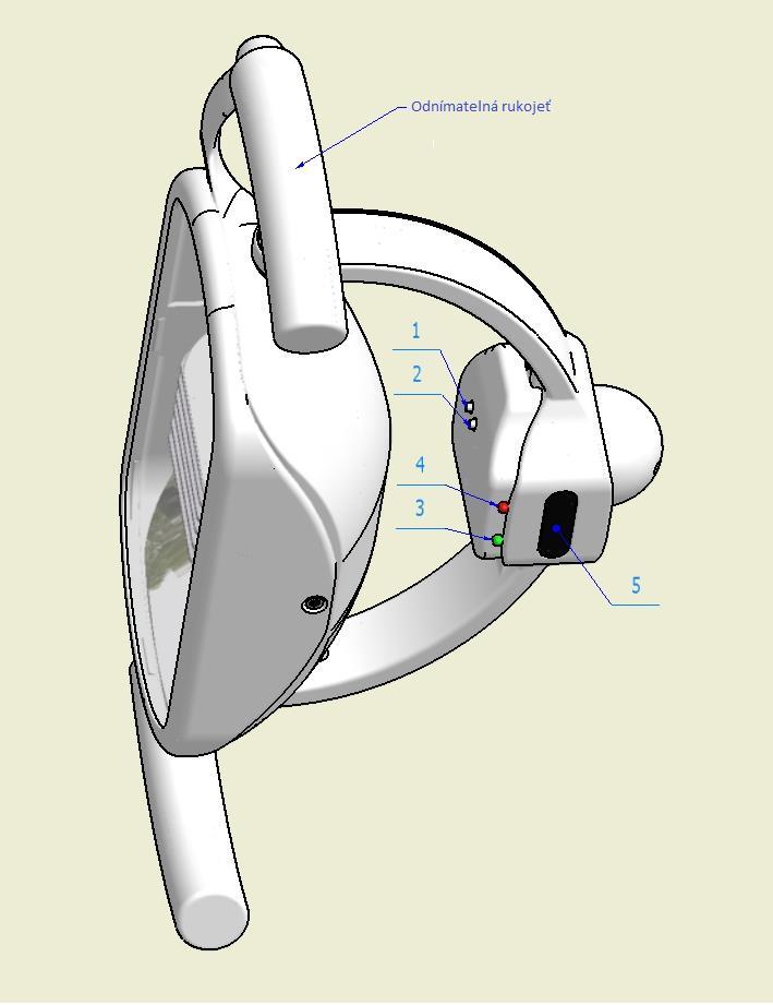 1. Tlačítko 1 2. Tlačítko 2 3. Zelená LED 4. Červená LED 5. Senzor OBSLUHA SVĚTLA Světlo se nastavuje do požadované polohy rukojetí. Při zapnutí soupravy je světlo připravené k práci.