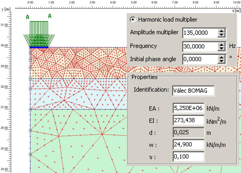 Obr. 4: Popis zadání vibračního válce do výpočetního programu PLAXIS (příklad BOMAG). Zvolený numerický model byl rotačně symetrický v rozsahu 30 30 m (délka hloubka).