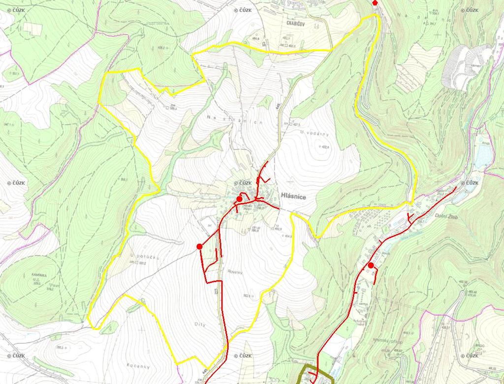 E. KANALIZACE A ČOV Mapa E1: Kanalizace - rozvody v obci Trasování sítí, lokalizace ČOV, čerpací stanice (ČS), výústě Obec: Hlásnice Legenda: Kanalizace: Ochranné pásmo: Vyústění: do 2015 po 2015 I