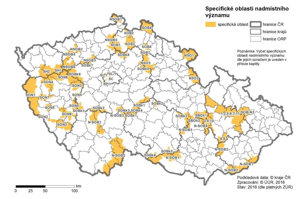 10.6.2 Specifické oblasti nadmístního významu vymezené v zásadách územního rozvoje Zásady územního rozvoje jednotlivých krajů vymezují specifické oblasti nadmístního významu (viz obr. 10.