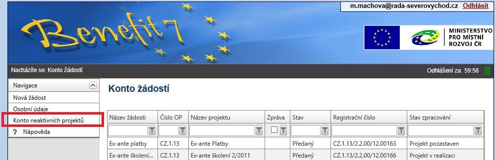 ~ 31 ~ Konto neaktivních projektů je dostupné ze záložky Konto žádostí. 5.6.1. Přesun žádosti do konta neaktivních projektů Žadatel/příjemce na záložce Konto žádostí klikne na příslušný projekt, který si přeje přesunout.