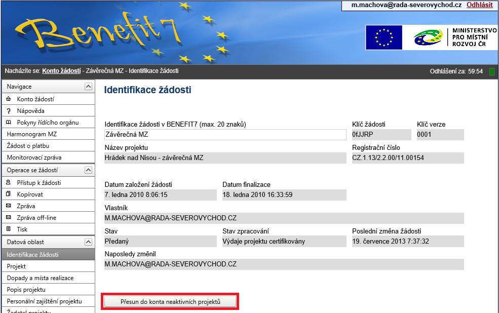 Systém žadatele/příjemce ještě jednou upozorní, že po přesunu do Konta neaktivních projektů se žádost nebude zobrazovat na kontu žádostí a nebude možné