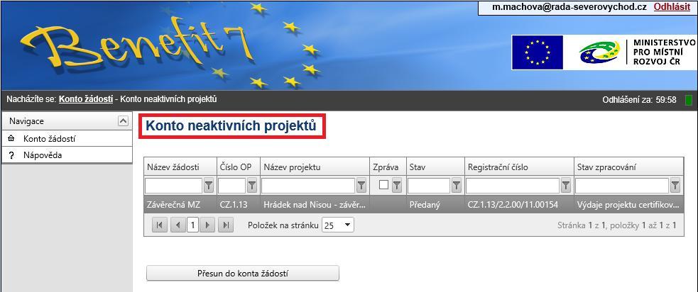 ~ 32 ~ 5.6.2. Přesun žádosti do konta žádostí Žadatel/příjemce má možnost žádosti z Konta neaktivních projektů