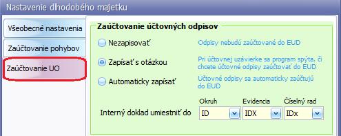 V časti Zaúčtovanie UO môžete nastaviť automatické zaúčtovanie odpisov do evidencie účtovných dokladov.