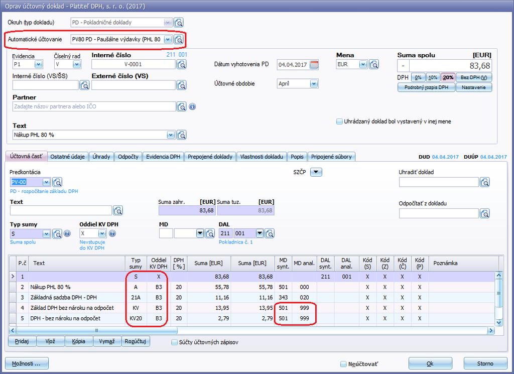 13. Na doklade, kde je potrebné rozúčtovať základ dane na viac účtov, môžete použiť cez okruh PD automatické účtovanie PV1 PD Výdaj Opakovaný základ dane. 14.