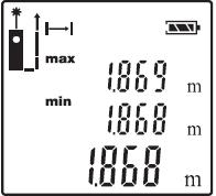 Nepřetržité měření 1. Stiskněte a asi 2 sekundy podržte tlačítko měření (C), aby se aktivovalo nepřetržité měření. 2. Aktivuje se zaměřovací laser (A) a měření vzdálenosti probíhá nepřetržitě. 3.