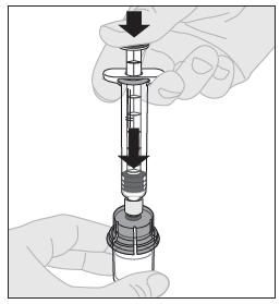 11. Pomalu stlačte nástavec pístu a vstříkněte veškeré rozpouštědlo do injekční lahvičky s