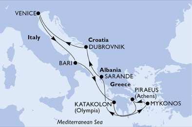 MYKONOS A VÝCHODNÍ STŘEDOMOŘÍ 932 BENÁTKY-BARI-KATAKOLON-PIRAEUS-MYKONOS-SARANDE-DUBROVNÍK OV U této plavby děti do 17 let jen za cenu dopravy Výjimečná především v oblasti historie, protože