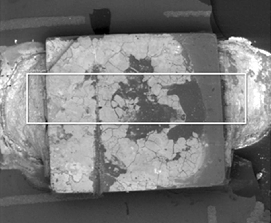 Corrosion of attack of LED light a) SEM details of corrosion attack of LED diode, b) LED contact areas, c) copper contact foil, d) corrosion products of solder contact U zápustného svítidla se