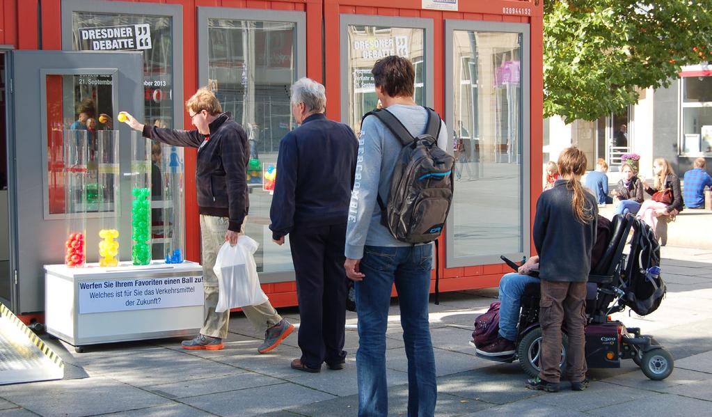 Informační centrum SUMP v Drážďanech (s průzkumem o budoucí dělbě přepravní práce) Zdroj: město Drážďany vytvořte si přehled osobních a internetových nástrojů pro zapojení a pro každou fázi přípravy