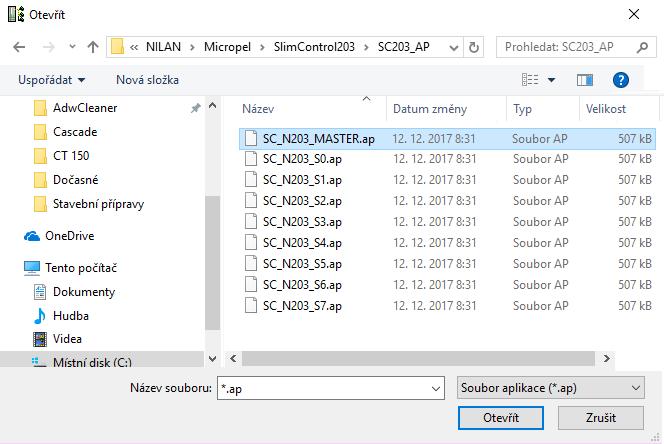Vyberte soubor SC_N203_MASTER.ap a stiskněte Otevřít. Na první Slim Control nahrajte vždy MASTER, na další postupně s čísly 0-7 podle počtu ovladačů v domě. Select file SC_N203_MASTER.
