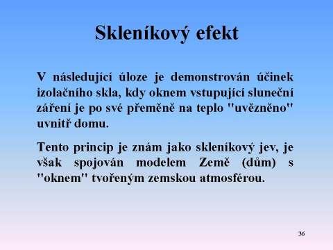 Úloha č. 5: Skleníkový efekt V následující úloze je demonstrován účinek izolačního skla, kdy oknem vstupující sluneční záření je po své přeměně na teplo "uvězněno" uvnitř domu.