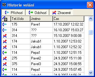 Historie volání Okno, ve kterém vidíme příchozí odchozí a ztracené (nevyzvednuté příchozí) hovory. Dvojitým kliknutím na příslušný řádek můžeme vytočit příslušné telefonní číslo.