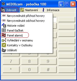 Alarmy - hlavní funkce programu MEDIXcom Vyvěšení telefonní linky ústředny Telesis je prostřednictvím