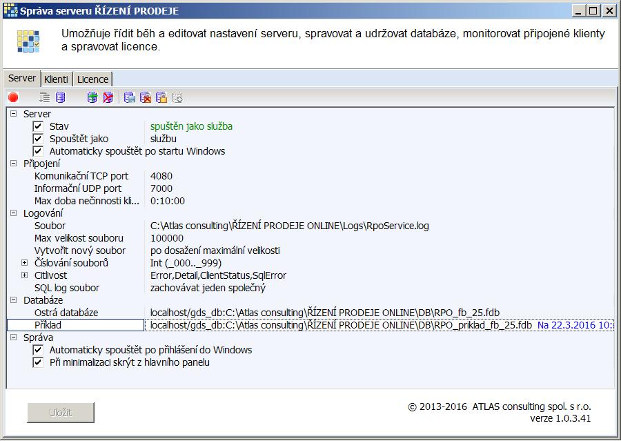 Jednotlivé záložky okna jsou následující: Server - na této záložce se nastavují jednotlivé parametry serveru jako je port, název souboru pro logování a hlavně je zde možnost nastavit jednotlivé