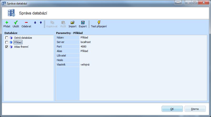V tomto okně je možné přidávat, upravovat a odebírat databáze, provést export či import nastavení či provést test spojení. Po provedení změn je potřeba nastavení uložit tlačítkem Uložit.