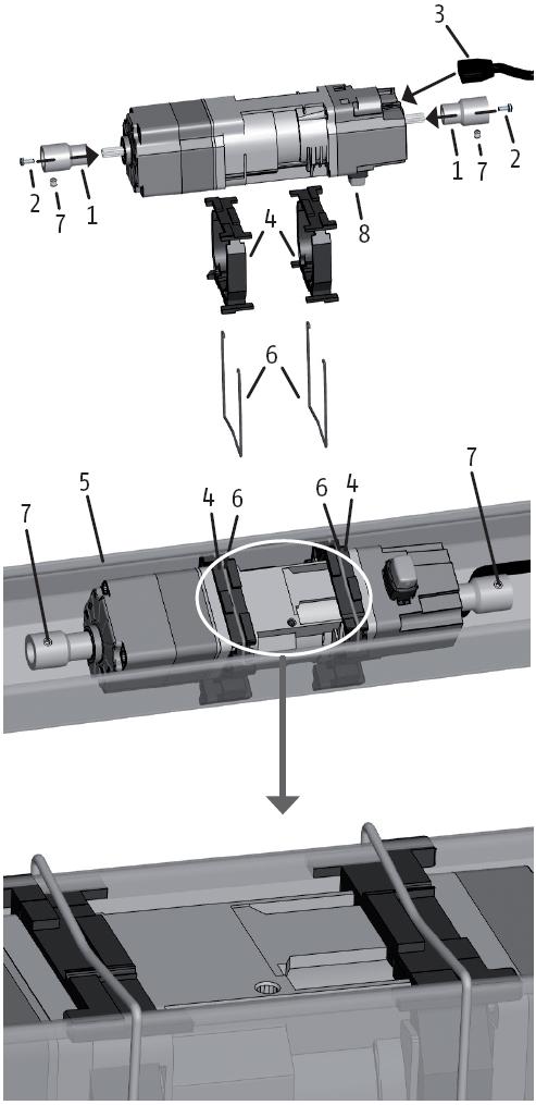 3.5 Profil 67x66 mm otevřený dolů Nasuňte na obě hřídele pohonu adaptéry (1) a přišroubujte je pomocí šroubů M3x8 (2). Utahovací moment 1,1 Nm Zastrčte přívodní kabel (3) do konektoru pohonu.