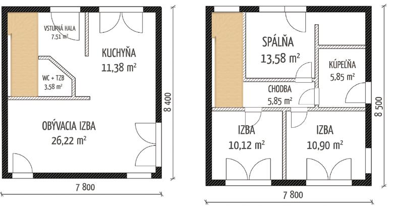 Komfort 4-izbová varianta * Rozmery: 8,50 x 7,80 m Úžitková plocha: 98 m 2 Zastavaná plocha: 84,84 m 2 * Pre pôdorys 5 izbovej varianty nás kontaktujte: