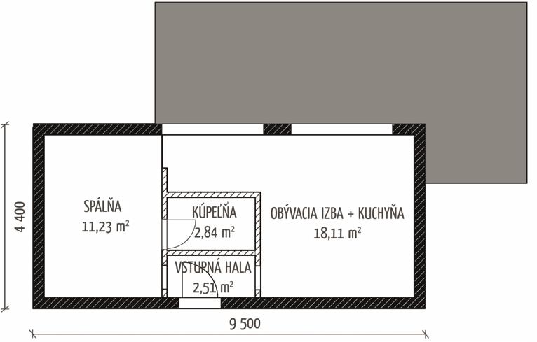 Smallville 2-izbová varianta * Rozmery: 4,40 x 9,50 m Úžitková plocha: 35,03 m 2 Zastavaná plocha: 41,80 m 2 * Pre pôdorys 3 a 4 izbovej varianty nás