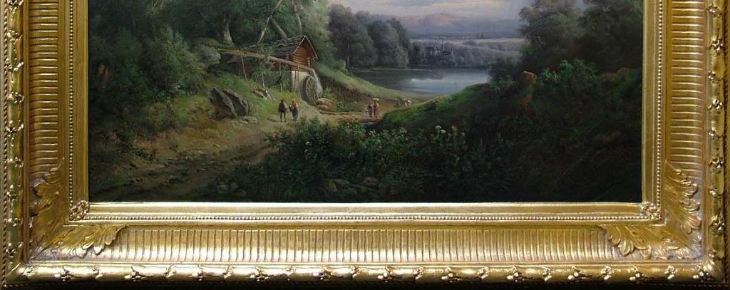 č. 1 Alpská krajina 75 x 100 cm, olej na plátně, značeno vpravo dole monogramem B autor Alois Bubák (Kosmonosy 22. 8. 1824 - Praha 6. 3. 1870) Ocenění dle : 750.000,-Kč Vyvolávací cena: 99.