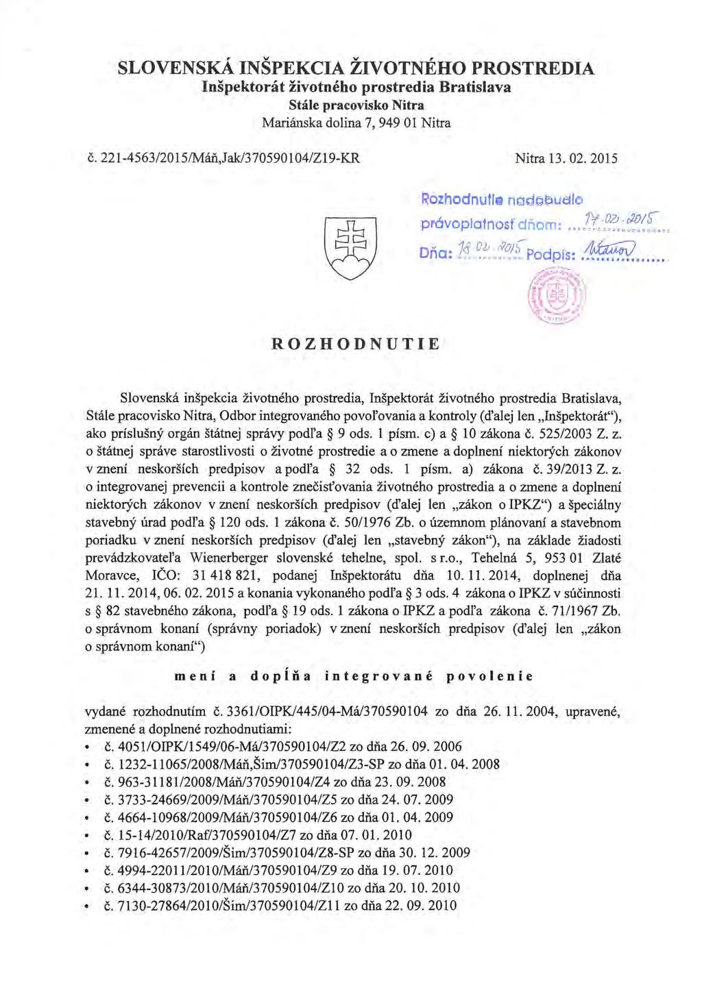 SLOVENSKÁ INŠPEKCIA ŽIVOTNÉHO PROSTREDIA Inšpektorát životného prostredia Bratislava Stále pracovisko Nitra Mariánska dolina 7, 949 01 Nitra č. 221-4563/2015/Máň,Jak/370590104/Z19-KR Nitra 13. 02.
